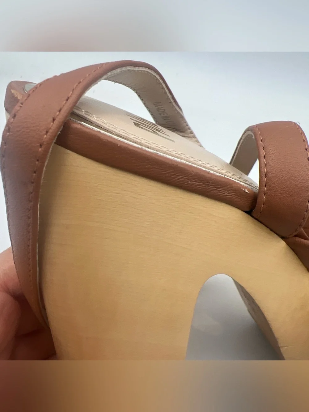 PAIGE Cayden Leather Ankle Strap Platform Sandal Woodgrain Block Heel Size 9 NEW